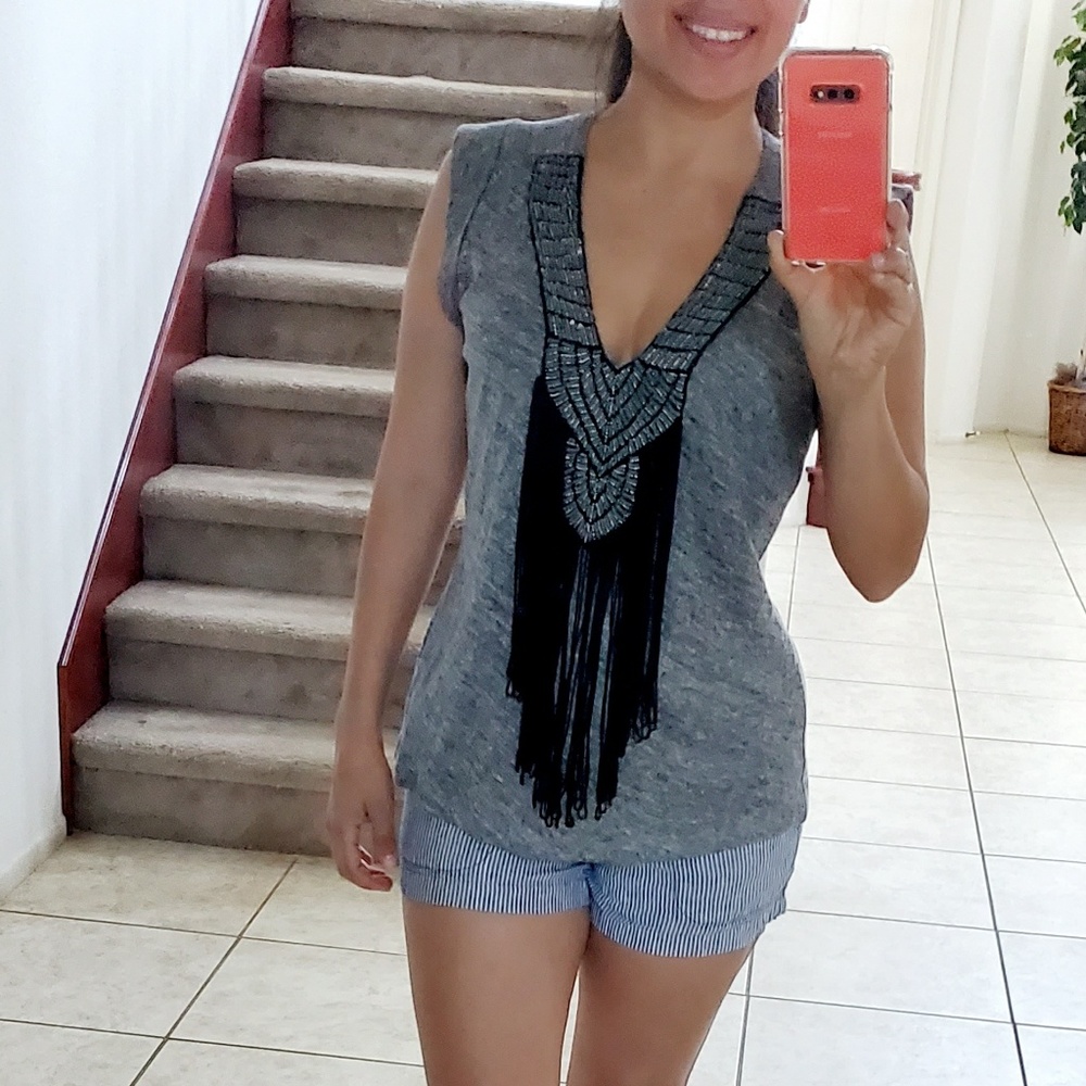 🔥NWT- Twelfth Street by Cynthia Vincent Gray Finge Beaded Top